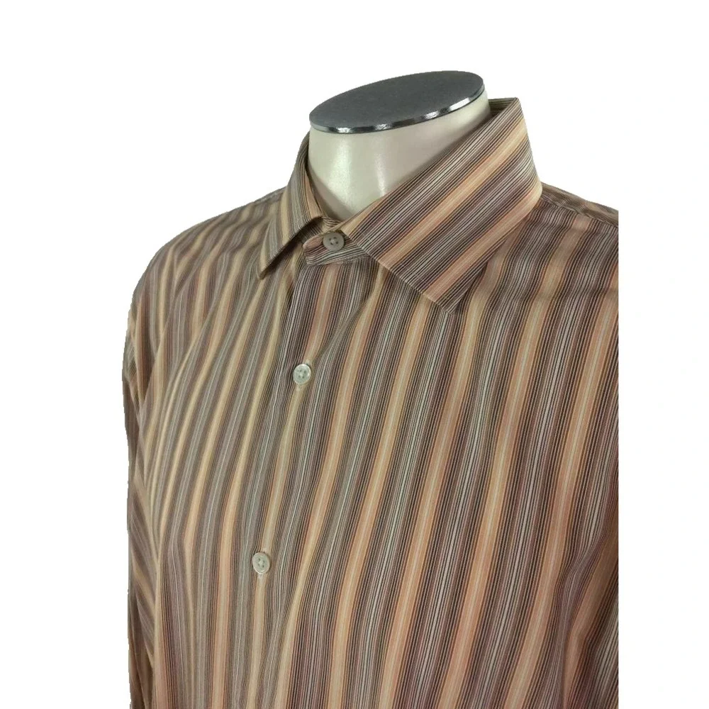 Banana Republic Button‎ Front Shirt L 16 16.5 Orange Red White Stripe Mens